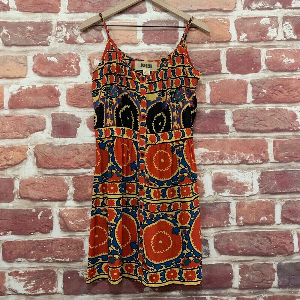 JMM Dress Women's Small Red Multicolor 100% Silk Boho Floral Abstract Sundress